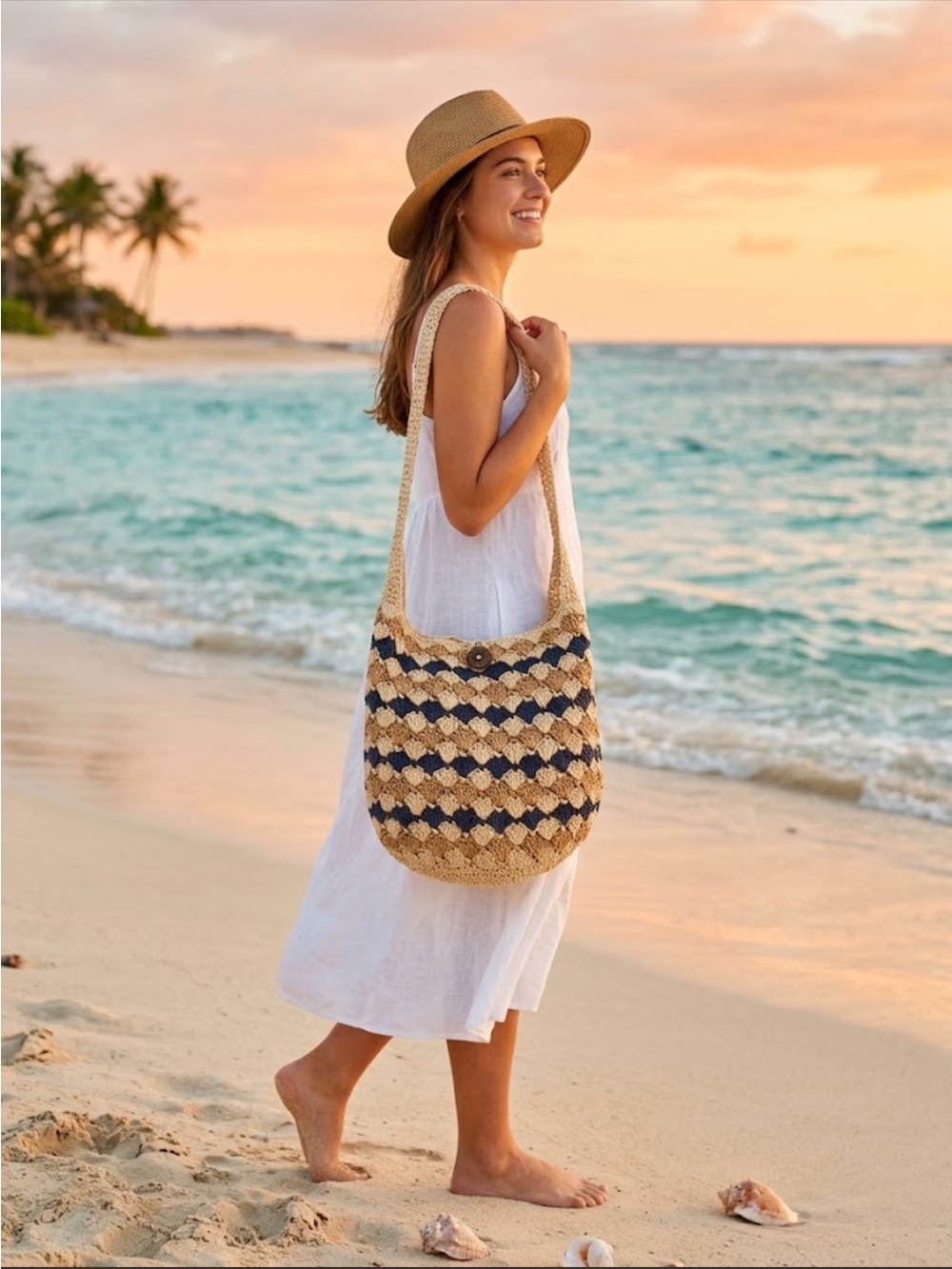 boohoo Handwoven straw beach shoulder bag in navy and beige with a flower-shape
